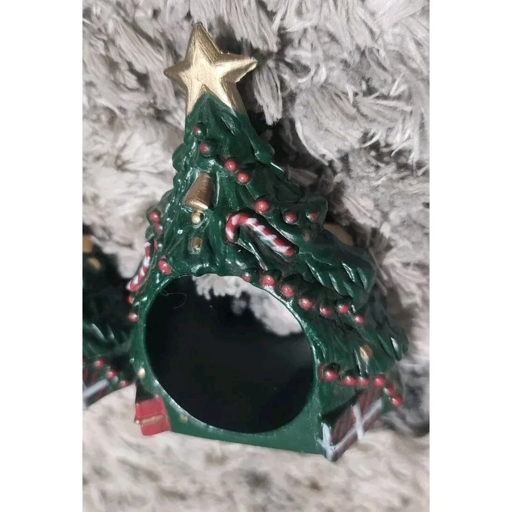 Set Of 9 Christmas Napkin Rings Green Tree  Plastic Marked Reed Star Top Vintage